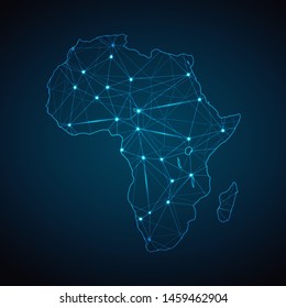 Africa Map - Abstract Geometric Mesh Polygonal Network Line, Structure And Point Scales On Dark Background With Lights In The Form Of Cities. Vector Illustration Eps 10.