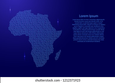 Africa map abstract schematic from blue ones and zeros binary digital code with space stars for banner, poster, greeting card. Vector illustration.