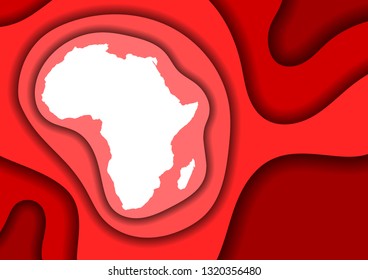 Africa map abstract schematic from red layers paper cut 3D waves and shadows one over the other. Layout for banner, poster, greeting card. Vector illustration.