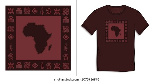 Africa Map with African hieroglyphs, Adinkra symbols, isolated on background, t-shirt graphics design vector