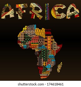 Africa Map With African Typography Made Of Patchwork Fabric Texture