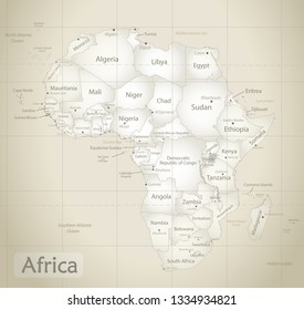 Africa map ancient, new political detailed map, separate individual states, with state city and sea names, old paper background vector