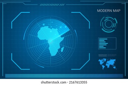 Africa map of blue digital frame technology radar vector HUD, GUI, UI interface.