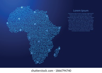 Africa map from blue pattern latin alphabet scattered letters and glowing space stars grid. Vector illustration.