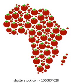 Africa Map collage of tomato in various sizes. Vector tomato symbols are united into africa map composition. Healthy vector design concept.