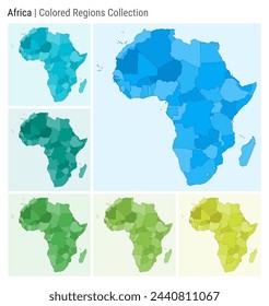 Africa. Map collection. Continent shape. Colored countries. Light Blue, Cyan, Teal, Green, Light Green, Lime color palettes. Border of Africa with countries. Vector illustration.