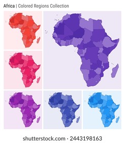 Africa. Map collection. Continent shape. Colored countries. Deep Purple, Red, Pink, Purple, Indigo, Blue color palettes. Border of Africa with countries. Vector illustration.