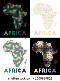 Africa map. Collection of maps of Africa in a dotted style. Borders of the continent filled with rectangles for your design. Vector illustration.