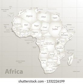 Africa map colorful, new political detailed map, separate individual states, with state city and sea names, natural paper 3D shadow vector