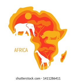 Africa. Map of Africa continent with wild animals silhouettes - elephant, rhinoceros, giraffe. Eco friendly design. Vector illustration