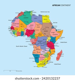 Africa map with countries in different colors. Each country has its capital and major cities. Global colors used. Vector illustration