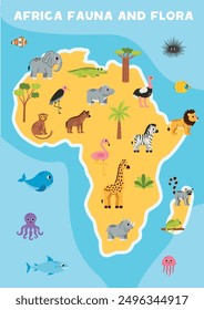 Mapa de África con lindos animales de dibujos animados. Flora y fauna africana. Mapa de Vector.