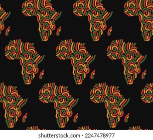 Africa map, decorative silhouette of African continent with abstract lines ornament in color of Pan African flag - red, yellow, green. Liner stroke smooth round lines ornament in shape of Africa