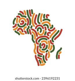 Africa map, decorative silhouette of African continent with abstract lines ornament in color of Pan African flag - red, yellow, green. Liner stroke smooth round lines ornament in shape of Africa