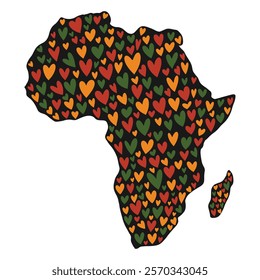 Africa map, decorative silhouette of African continent with hand drawn hearts. Vector logo cute design for Black History Month and Juneteenth