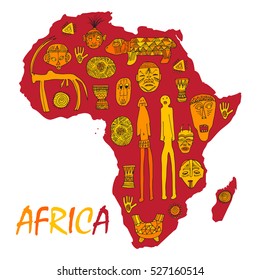 Africa map with different ancient symbols and signs