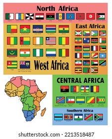 Africa map with flags with the scheme for geographic subregions