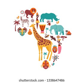 Africa map illustrated with animals icons, tribal symbols. Vector design