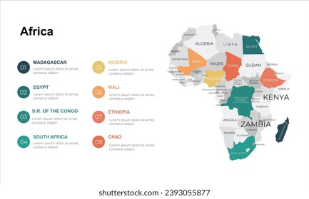 Africa map infographic. Slide presentation. Global business marketing concept. Color country. World transportation data. Economic statistic template.