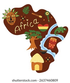 Africa map with landmarks in cartoon style. Vector illustration of African people is household items, flag, musical instruments, animals