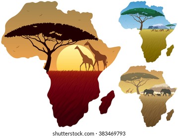 Africa Map Landscapes: Three African landscapes in map of Africa.
