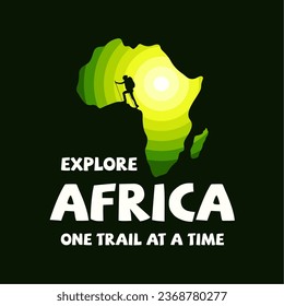 Africa map logo with silhouette of adventurer, explorer, climber. Delightful with a sunrise background, suitable for t-shirt designs, posters or your business logo