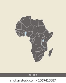 Africa map outline vector illustration in gray background. Borders of all countries are included on this map.