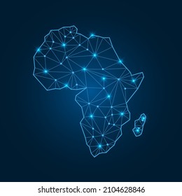 Africa map with polygonal glowing shapes. World map linear continent with lighting dots. Africa map continent with triangular line elements. Vector illustration isolated on blue gradient background. 