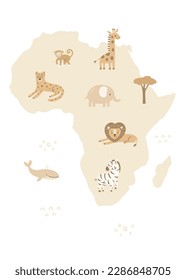 Africa map with safari animals. Boho vector educational poster for kids.