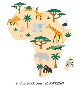 Africa map with safari animals, vector illustration of jungle wildlife including giraffe, elephant, lion, rhino, crocodile, ostrich, flamingo. Flat cartoon poster for kids and education.