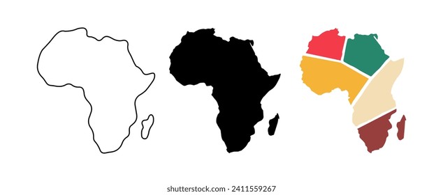 Africa map shape in three different styles on white background, for education and other important warnings.