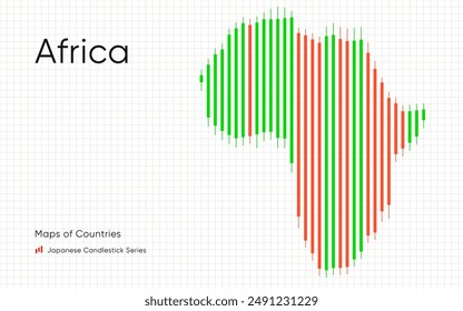 Mapa de África mostrado en un gráfico con barras y líneas. Serie de gráficos de velas japonesas	
