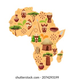 Africa map silhouette with ethnic elements in cartoon style. Tribal ornaments on shields, masks, nature objects baobab tree, Savannah acacia.