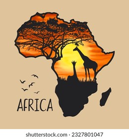 Silueta cartográfica africana con ilustración de bosque y animales. Diseño de vectores