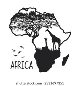 Africa map silhouette with illustration of forest and animals. Vector line art