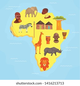 Africa Map, Symbols of African Continent with Wild Animals, 