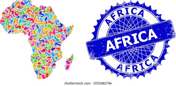 Africa map template. Blot mosaic map and distressed mark for Africa. Sharp rosette blue mark with tag for Africa map. Mosaic vector Africa map is formed with scattered multi-colored spots.