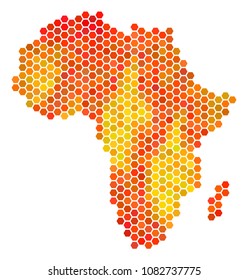 Africa map. Vector honeycomb territory map in fire color shades. Impressive Africa map collage is organized of orange hex-tile items.