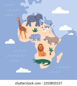 Africa map with wild animals. Cute mammals of African land, continent. Wildlife, terrestrial fauna, different species, habitats, elephant, giraffe, lion, zebra. Childish flat vector illustration