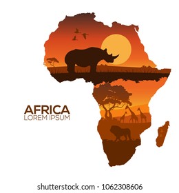 Africa Map.Silhouettes of wild rhino sunset safari animals vector. 