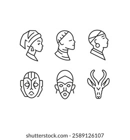 Africa masks icons. Set of 6 trendy minimal icons. Example: traditional mask, tribal figures, drum, woman with headwrap. Design signs for web page, mobile app, packaging design. Vector illustration.