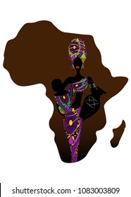 Africa maternity icon, population growth rate. A young Afro mother carrying baby being. Silhouette of a beautiful African woman with a Turban and amphorae. Map silhouette africa background isolated 