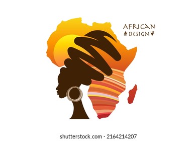 Africa Motherland, African woman portrait in ethnic turban, silhouette, Africa continent map sunset landscape. Afro design, Safari tribal logo banner vector isolated on white background 