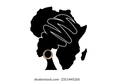 Africa Motherland, African Women Portrait in ethnischen Turban, Silhouette, Afrika-Kontinentalkarte. National Black History Month Urlaubskonzept. Afro-Logo-Banner-Design einzeln auf weißem Hintergrund 