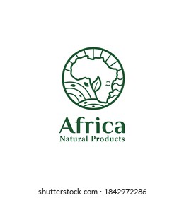 Africa natural products logo icon badge symbol with green leaf, ocean wave, and african map with face silhouette illustration vector in monoline