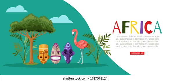 Africa nature banner, flamingo vector illustration. Colorful ethnic aboriginal people cartoon masks web page. Dense tall tree with foliage, plant landing. Flat pink bird stands on one thin paw.