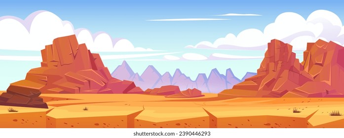 Africa nature desert landscape with dry ground, vector illustration of a hot, endless desert with sandy dunes and cacti,  arizona, panoramic with mountains and blue sky. suitable for game background