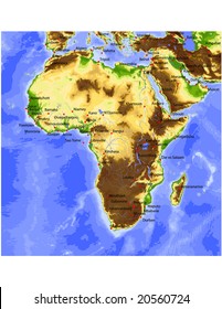 Africa with Near East. Physical vector map, colored according to elevation, with rivers and selected cities. Surrounding territory greyed out. 34 layers, fully editable.