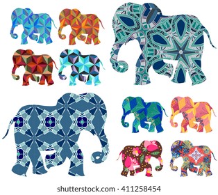 Africa. Patchwork. Beautiful elephants on white background. Vector set. Decorative silhouettes. 