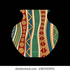 Africa pattern at vase concept. Abstract patterns and ornaments at jug. Sticker for social networks and messengers. Cartoon flat vector illustration isolated on black background